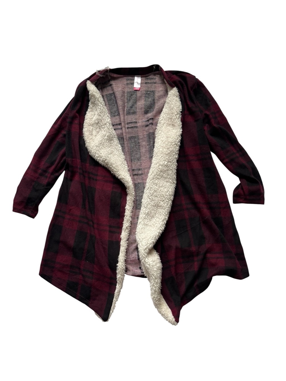 No Boundaries Burgundy and Black Plaid Sherpa-Lined Open Cardigan